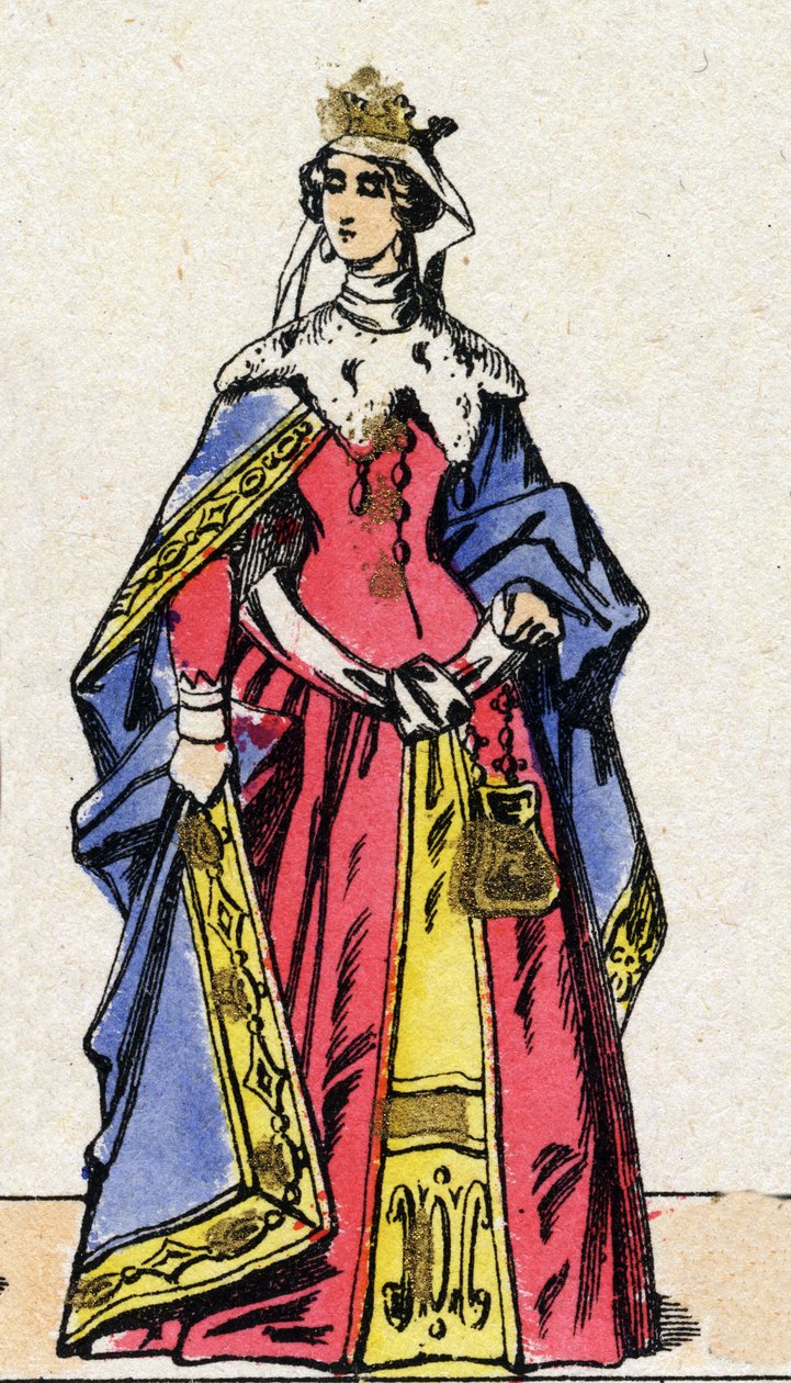 Capetianernes dynasti: Portræt af Joan Iere af Navarra (1271-1305), dronning af Frankrig, hustru til Filip IV af Frankrig, kendt som Filip Bel (1268-1314). Epinal billeddannelse fra slutningen af det 19. århundrede. Privat samling. af French School