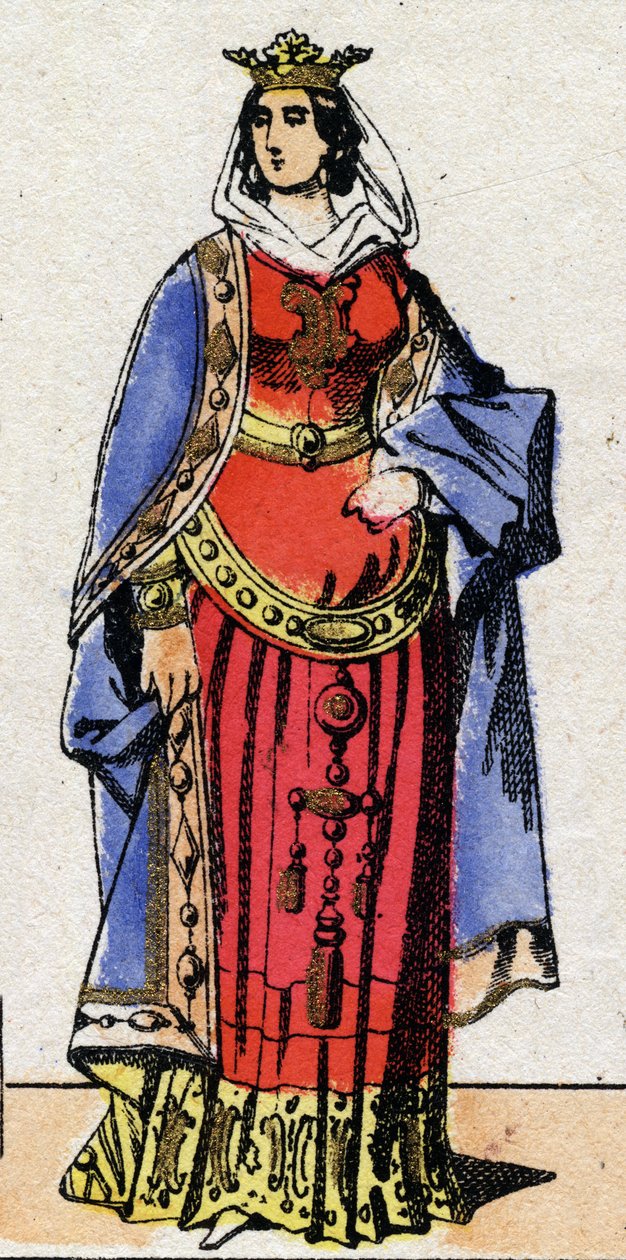 Karolingernes dynasti: Portræt af Bertrade eller Berthe af Laon kendt som Berthe au Grand Pied (720-783) dronning af francs hustru af Pepin le Brief (715-768). Epinal billeddannelse fra slutningen af det 19. århundrede. Privat samling. af French School