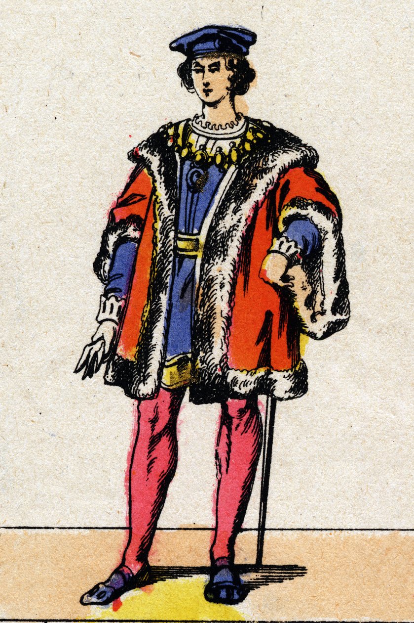 Valois-dynastiet: Portræt af Charles VIII (1470-1498), konge af Frankrig fra 1483 til 1498. Epinal billeddannelse fra slutningen af det 19. århundrede. Privat samling. af French School