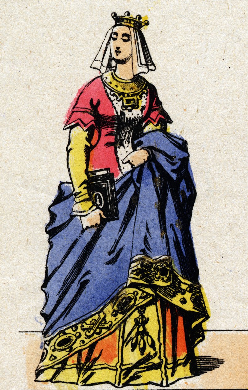 Valois-dynastiet: Portræt af Charlotte de Savoie (1441-1483) Dronning af Frankrig, hustru til Ludvig XI af Frankrig, kendt som den forsigtige (1423-1483). Epinal billeddannelse fra slutningen af det 19. århundrede. Privat samling. af French School
