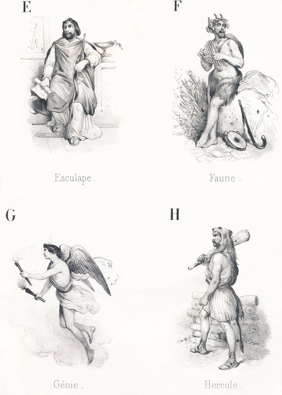 E F G H: Aesculapius, Fauna, Genie, Hercules af French School
