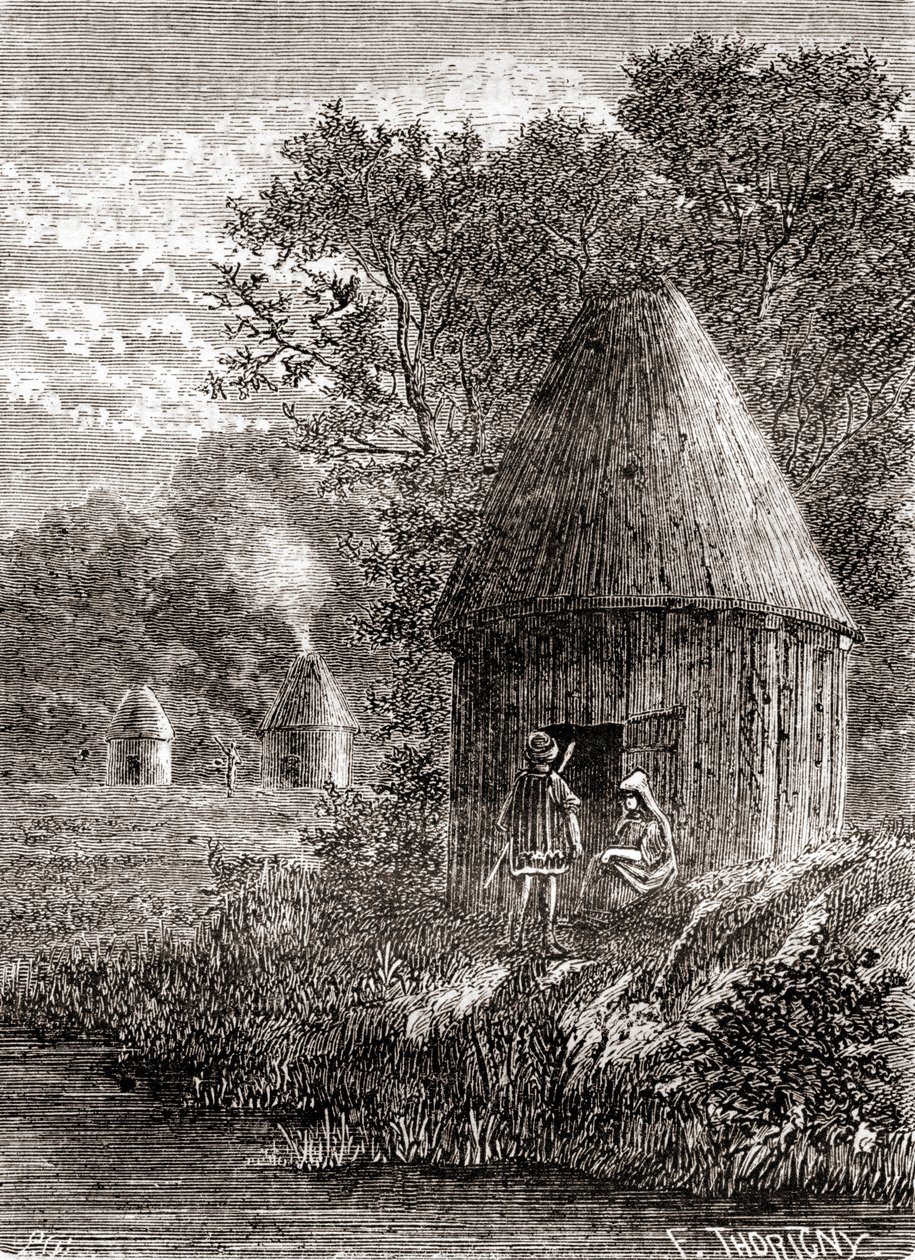 Tidlige galliske huse, en rund hytte med et hul i taget for at tillade røgen fra ilden at slippe ud, fra 