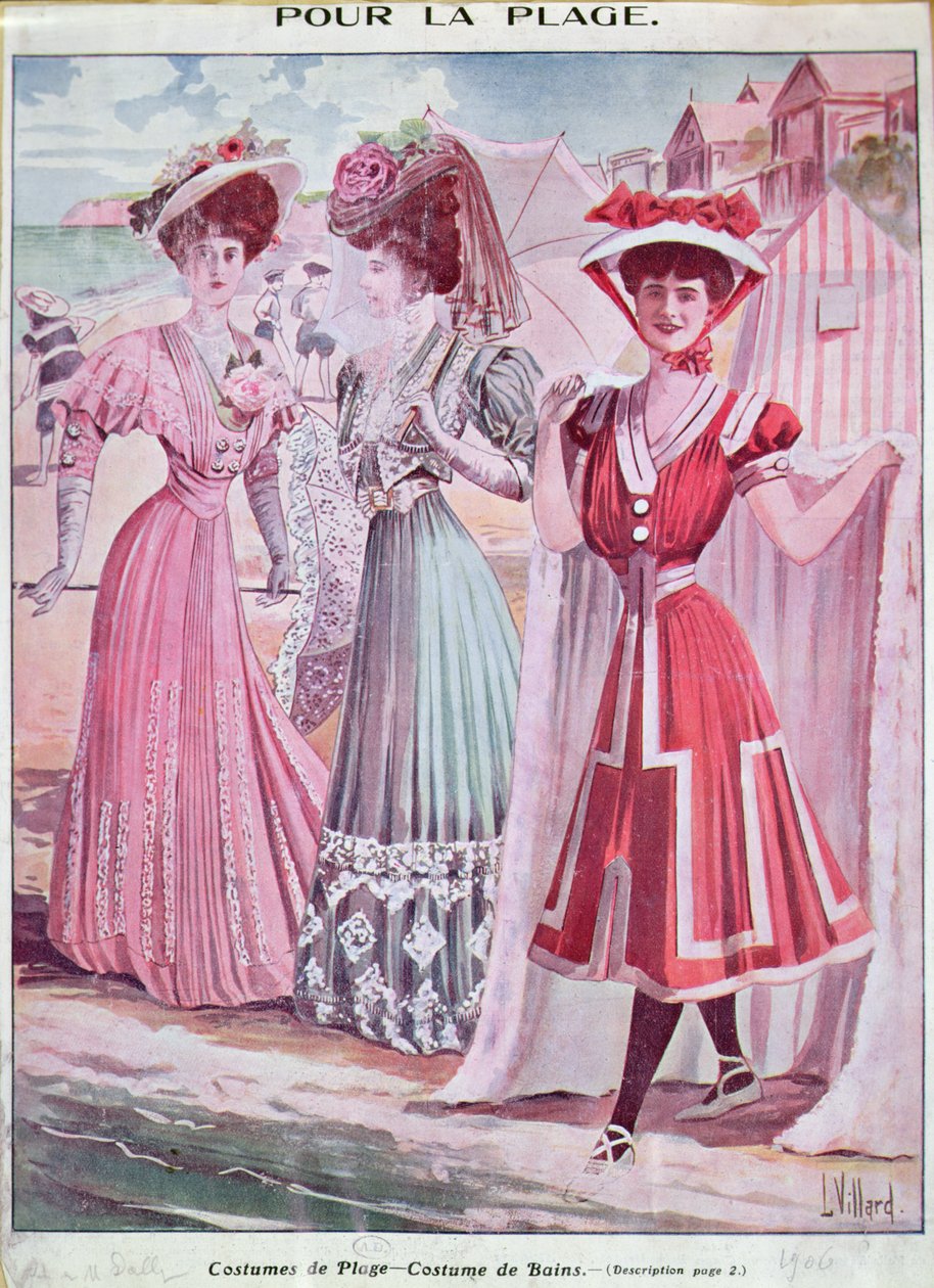 Det tidlige tyvende århundrede strand- og badedragter, ca. 1906 (farve litho) af French School