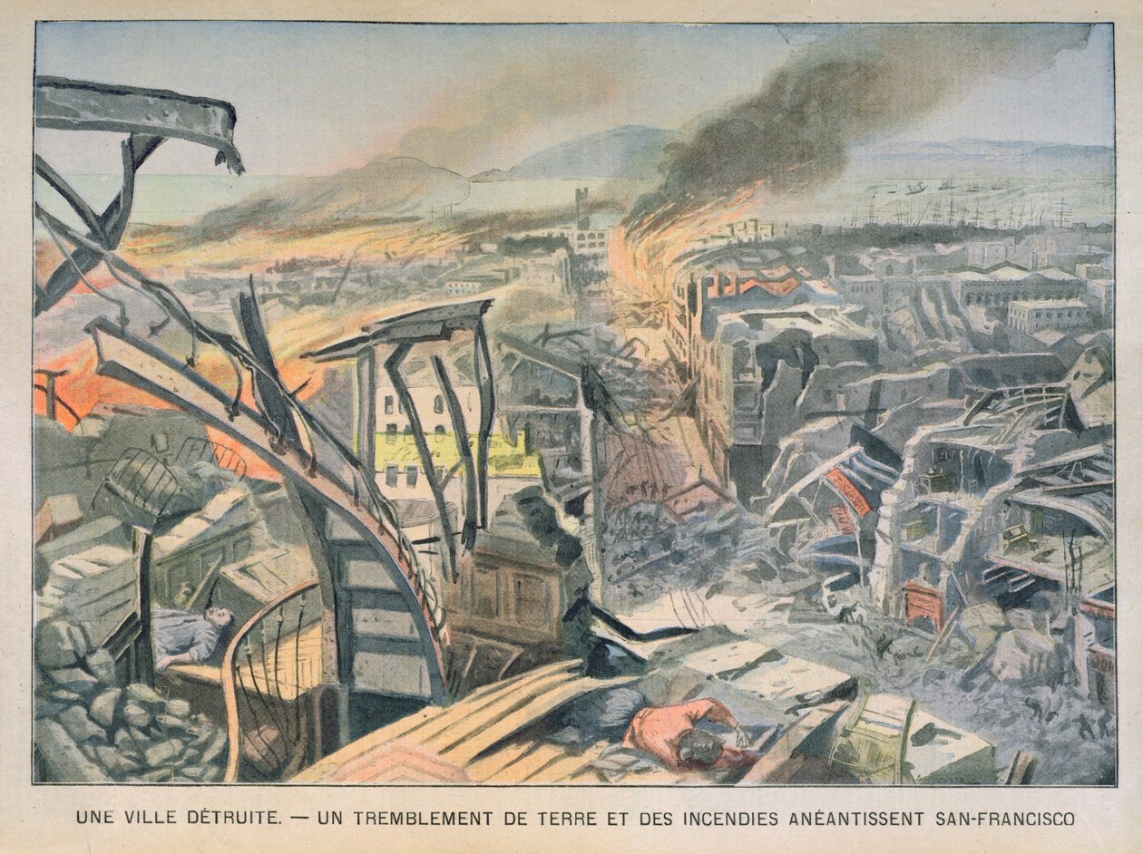 Jordskælv og brande i San Francisco den 18. april, 1906, illustration fra Le Petit Parisien, 6. maj, 1906 af French School
