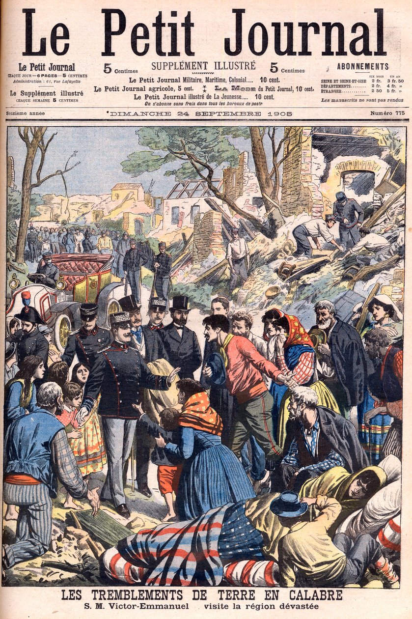 Jordskælv i Calabrien, Italien. Kong Victor Emmanuel III besøger de ødelagte regioner. Jordskælv i Calabrien. SM Victor-Emmanuel besøger den ødelagte region. Illustration til Le petit Journal, 24. september 1905. Victor Emmanuel III af Italien (Vittorio Em af French School