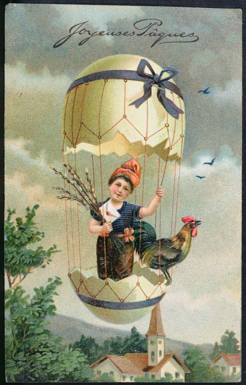 Påskepostkort forestillende et barn i et æg, ca. 1905 af French School