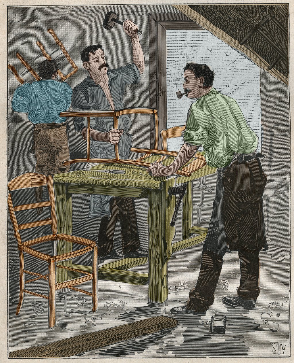 Ebenisterie: samling af stole i det 19. århundrede i Frankrig. Indgravering fra 1885 i "" Les arts et metiers illustres"" af Adolphe BITARD. af French School