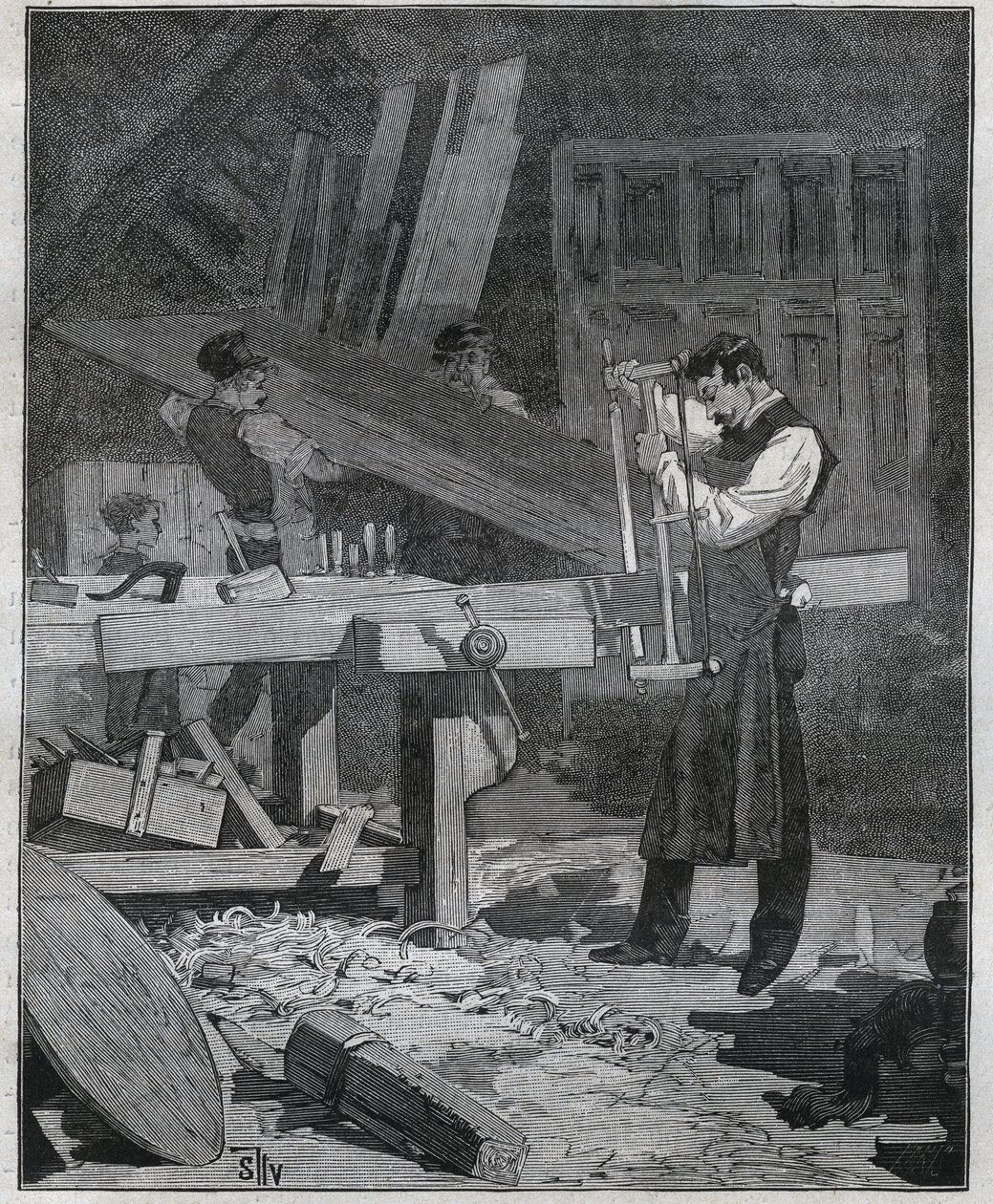 Ebenisterie: ebenist-arbejder, der deler en bestyrelse på det etablerede. Indgravering fra 1885 i "" Les arts et metiers illustres"" af Adolphe BITARD. af French School