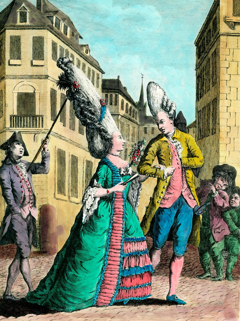 Excentriske frisurer i det 18. århundrede: den franske kvinde på gåtur. Indgravering af det 18. århundrede. Privat samling. af French School