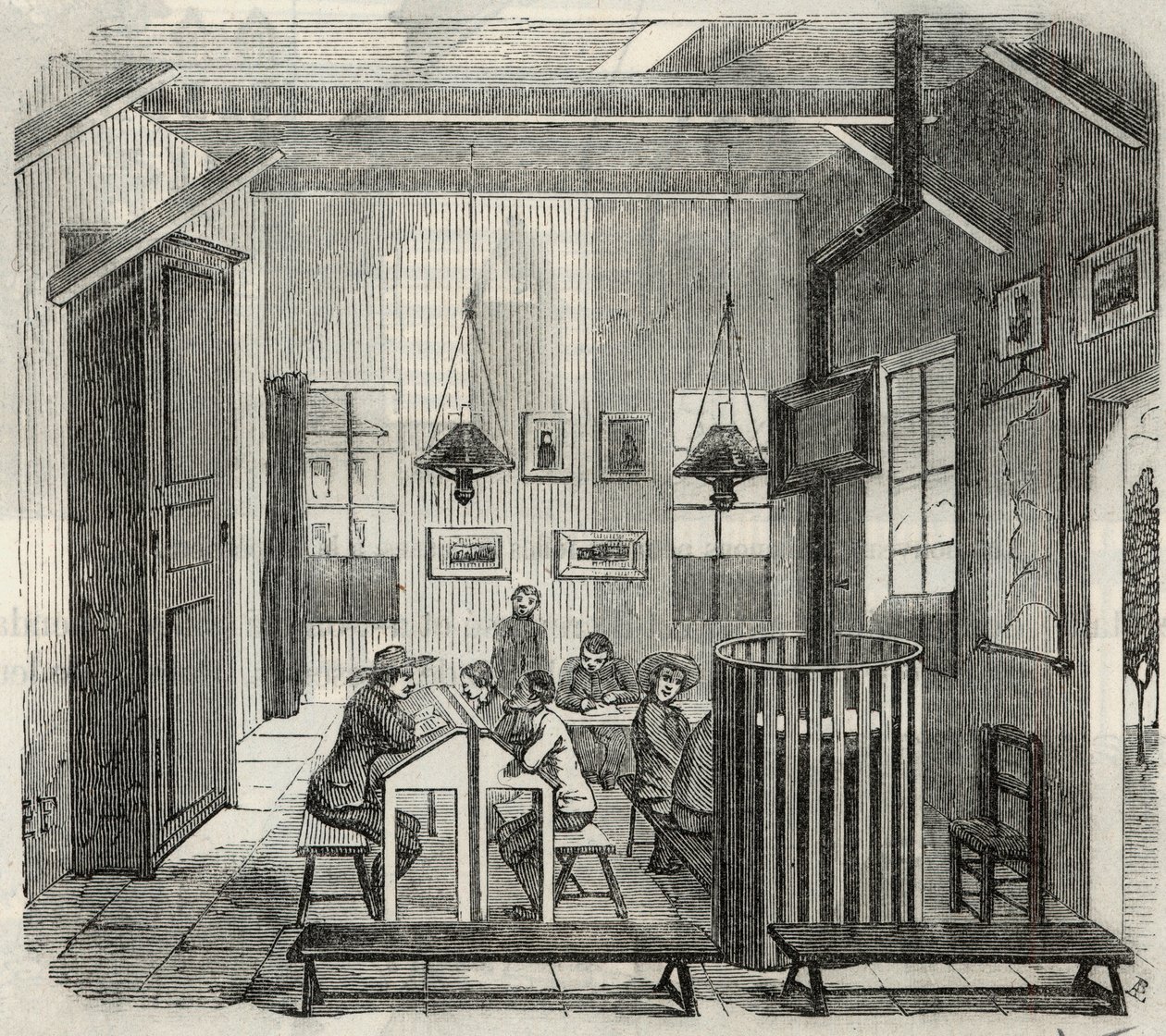 Skole for idioter i Bicetre i det 19. århundrede - Indgravering i "Tableau-de-Paris" af Edmond Texier 1852 af French School
