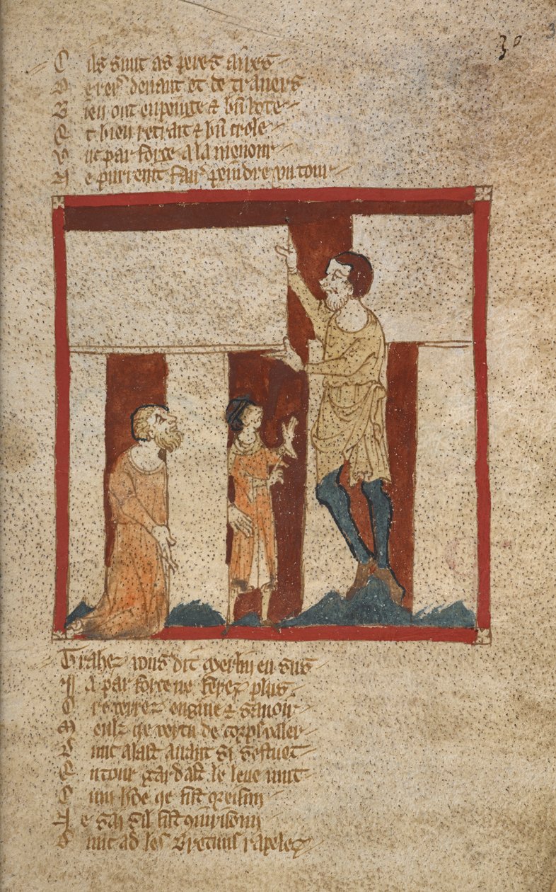 Egerton 3028, f.30 Building of Stonehenge. Stonehenge er bygget med hjælp fra Merlin, midten af det 14. århundrede af French School