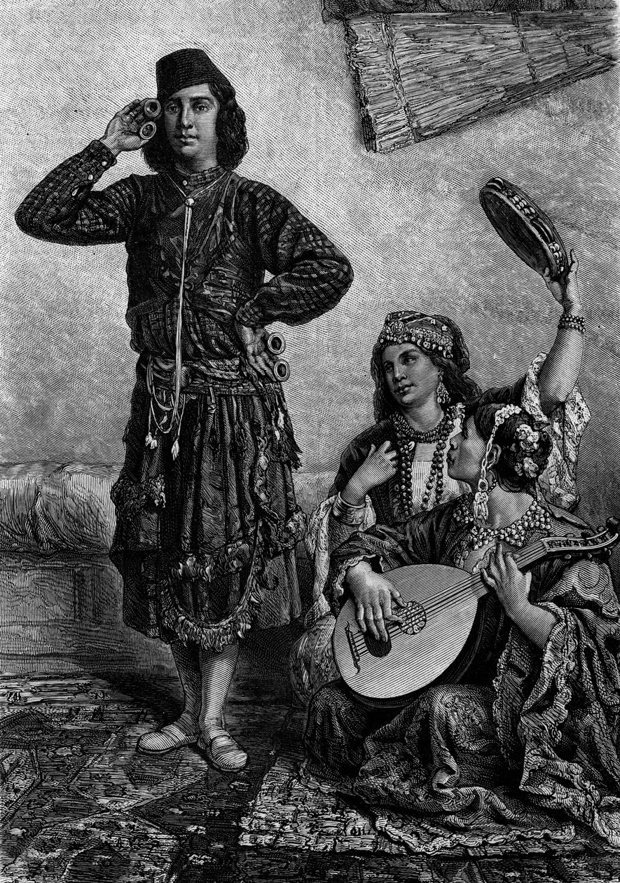 egyptiske musikere og dansere. Mand holder bækkener mellem fingrene. Gravering i "" Le Journal de la jeunesse"" af French School
