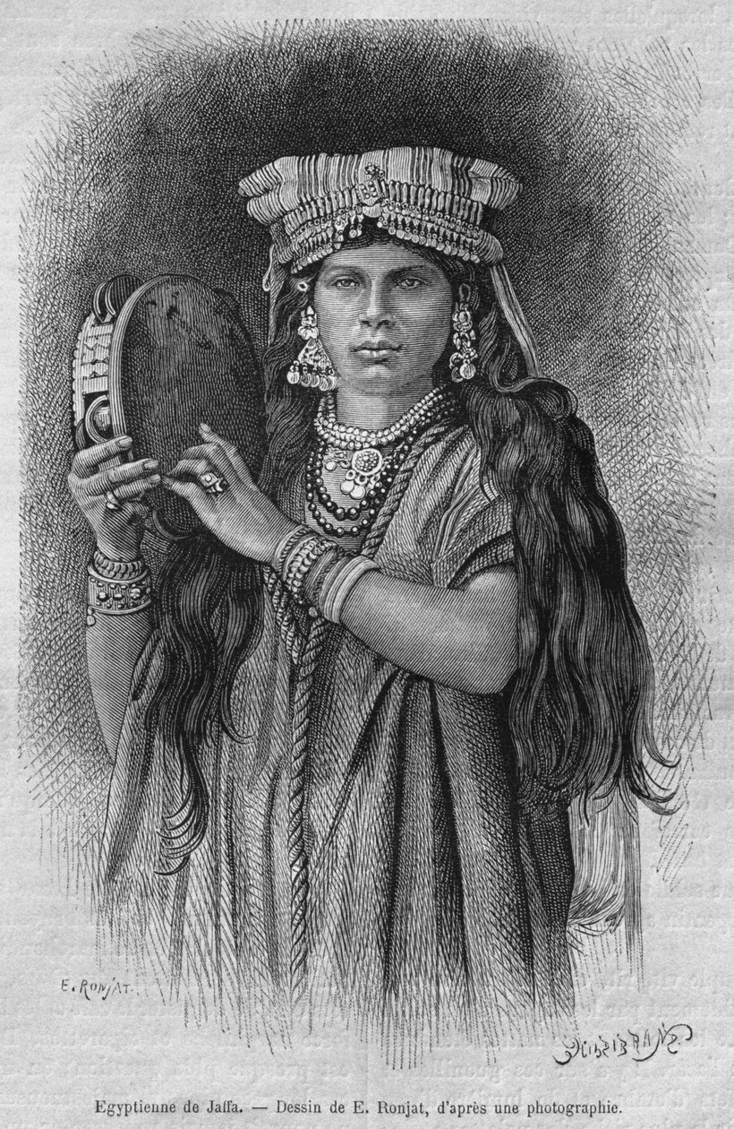 Egyptiske kvinder fra Jaffa, fra Syrien i dag. Rejser i Fønikien, Libanon og Judæa. 1875-1880 af Louis Charles Emile Lortet, 1884 (bw gravering) af French School