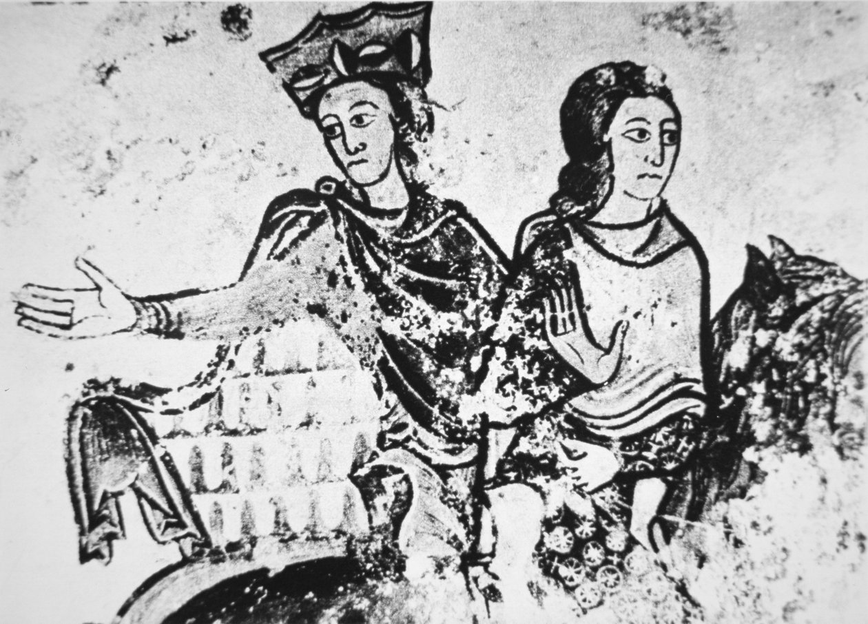 Eleanor of Aquitaine med en ridekammerat (vægmaleri) af French School