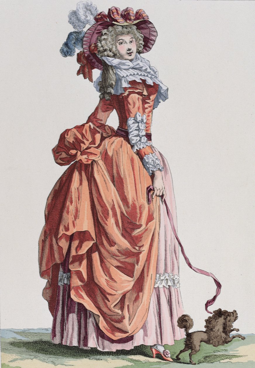 Elegant kvinde med sin vovse, modetallerken fra Galerie des Modes et Costumes Francais, indgraveret af Bacquoy (farvegravering) af French School