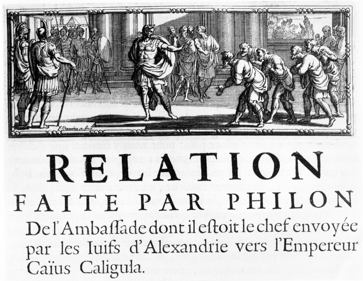 Filons ambassade til den romerske kejser, Gaius Caligula, kapiteloverskrift illustration fra Historien om jødernes krig mod romerne, af Flavius ​​​​Josephus, udgivet i Paris, 1688 af French School