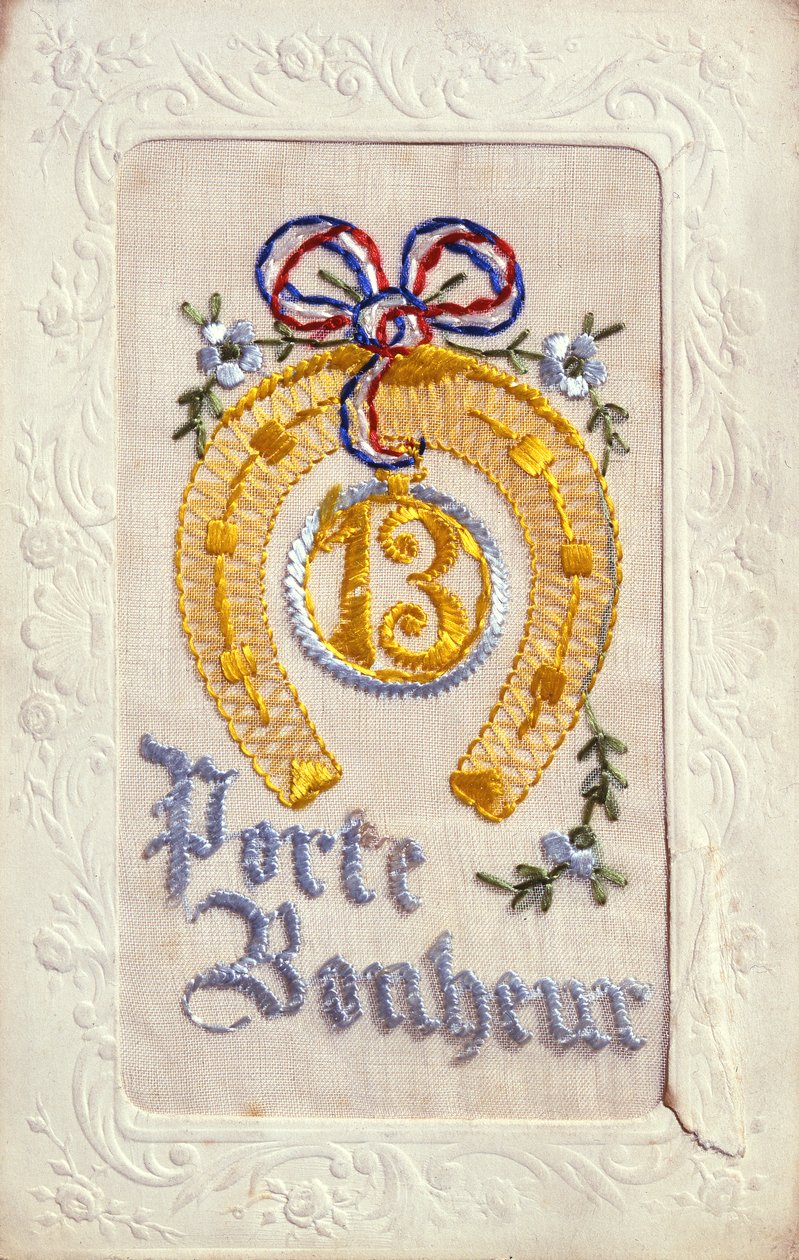 Broderet postkort, der viser Good Luck Charms, før 1914 (silke og kort) af French School