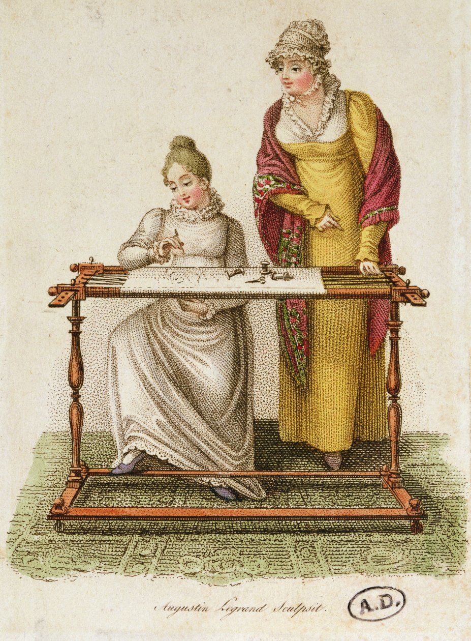 Broderi, ca. 1810-20 (farvet gravering) af French School