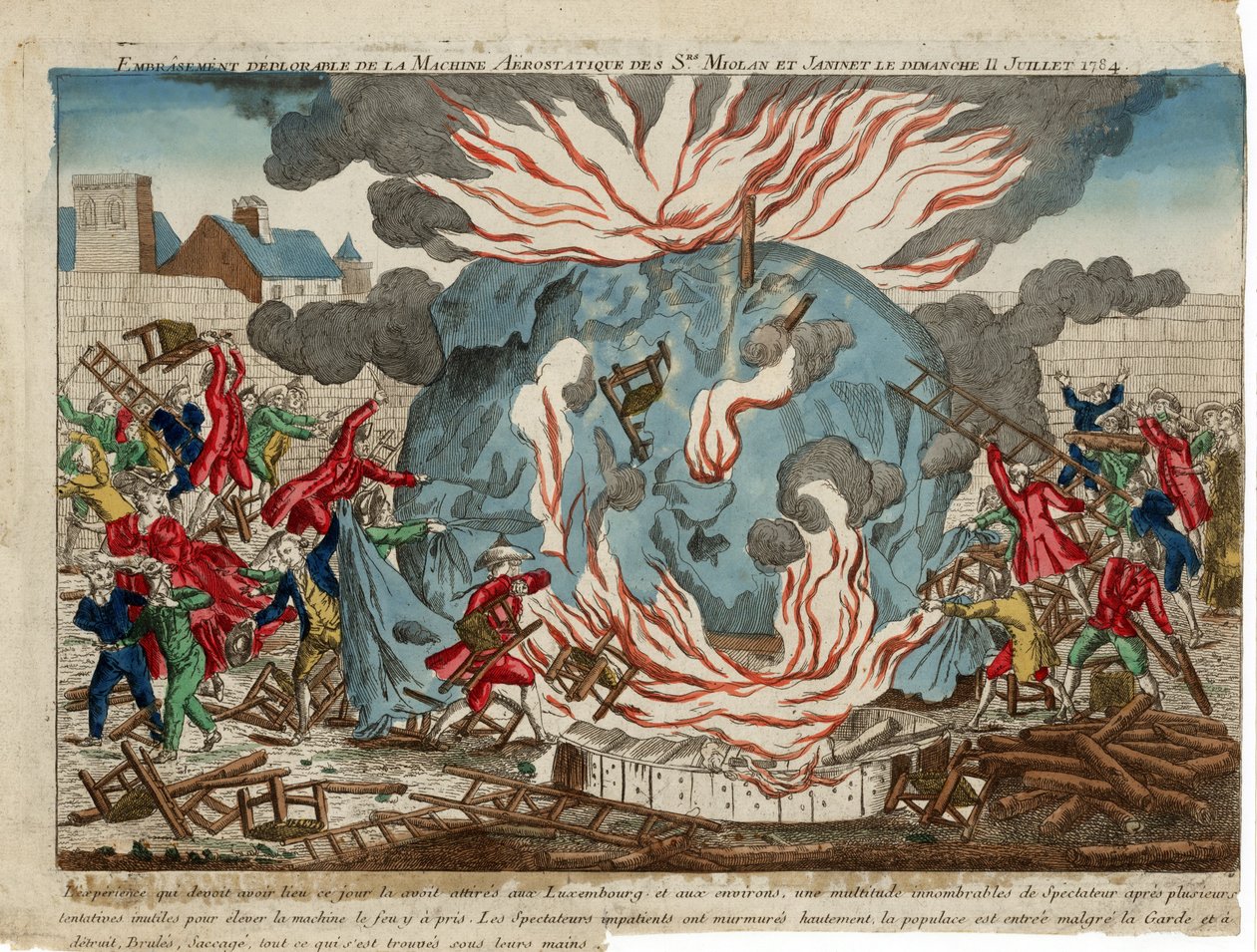 Beklagelig udbrænding af den aerostatiske maskine af Srs. Miollan og Janinet søndag den 11. juli 1784. pub. 1784 (håndfarvet gravering) af French School