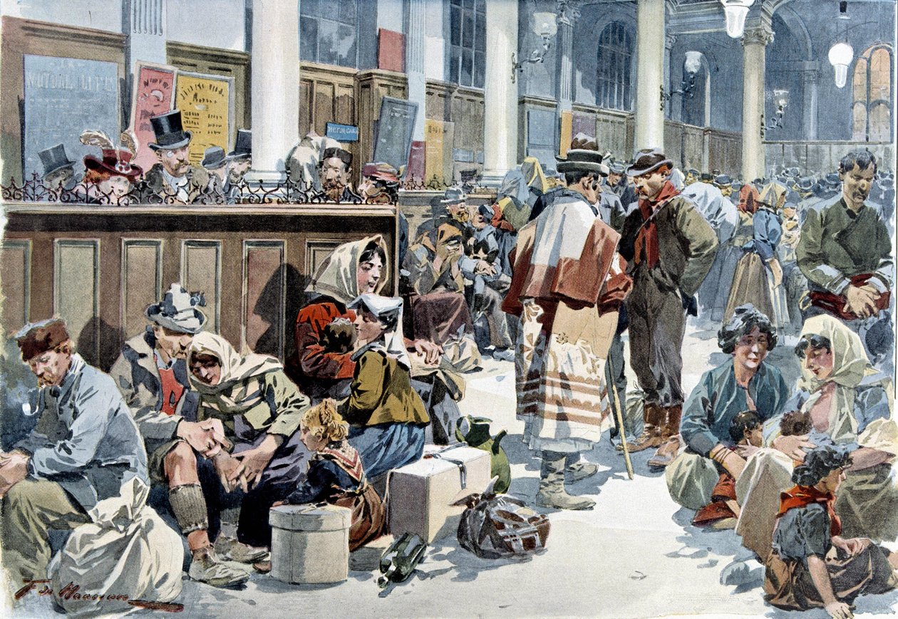 Emigranter, der passerer togstationen St Lazare (Saint Lazare) (Saint Lazare) i Paris, på vej til Amerika, slutningen af det 19. århundrede af French School