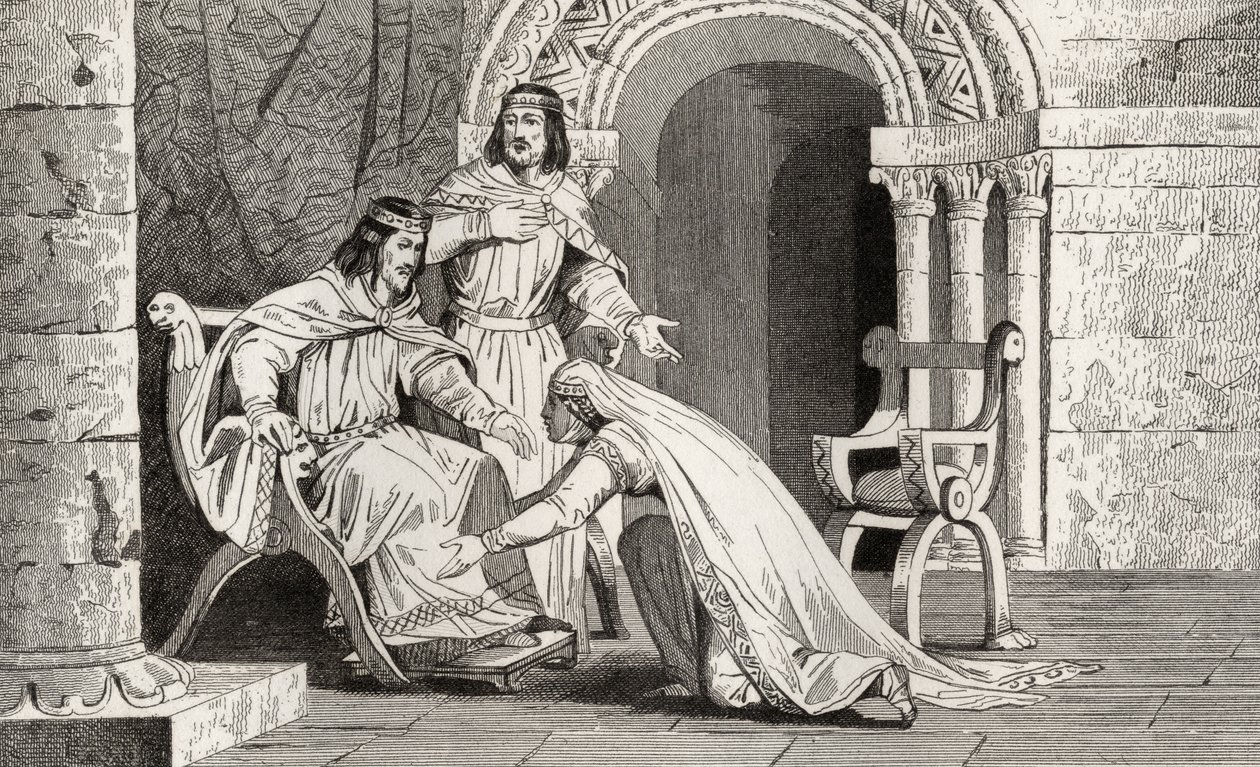 Emme kysser sin mand Raouls (død 936) knæ i anerkendelse af hans suverænitet, fra "Histoire de France" af Colart, udgivet omkring 1840 af French School