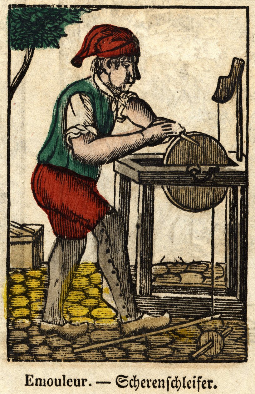 Emouleur (består i at slibe genstande med slibeskiven); Serie om kunsthåndværk, billede af Epinal fra det 19. århundrede. af French School