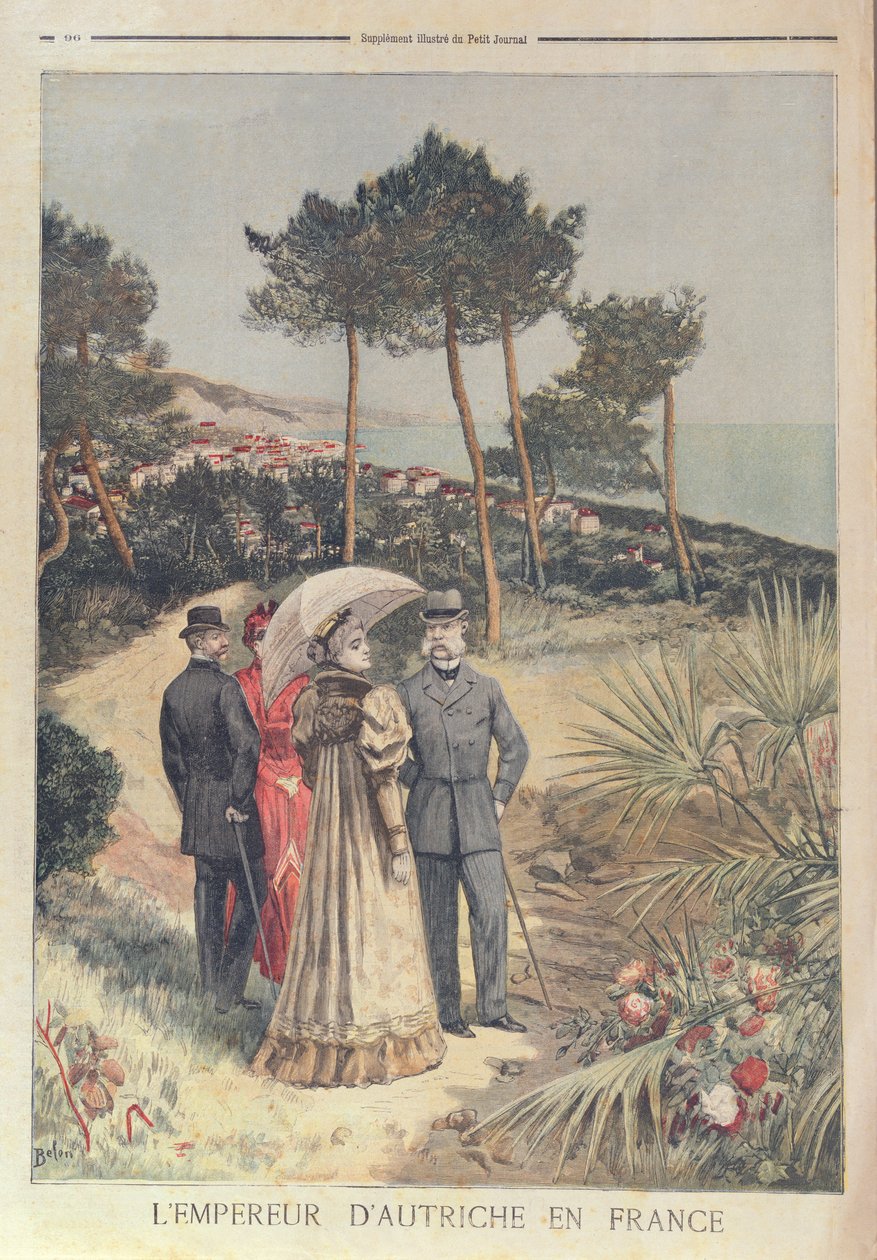 Kejser Franz Josef af Østrig på ferie i den franske riviera med sin kone, kejserinde Elizabeth, 1894 (farve litho0 af French School