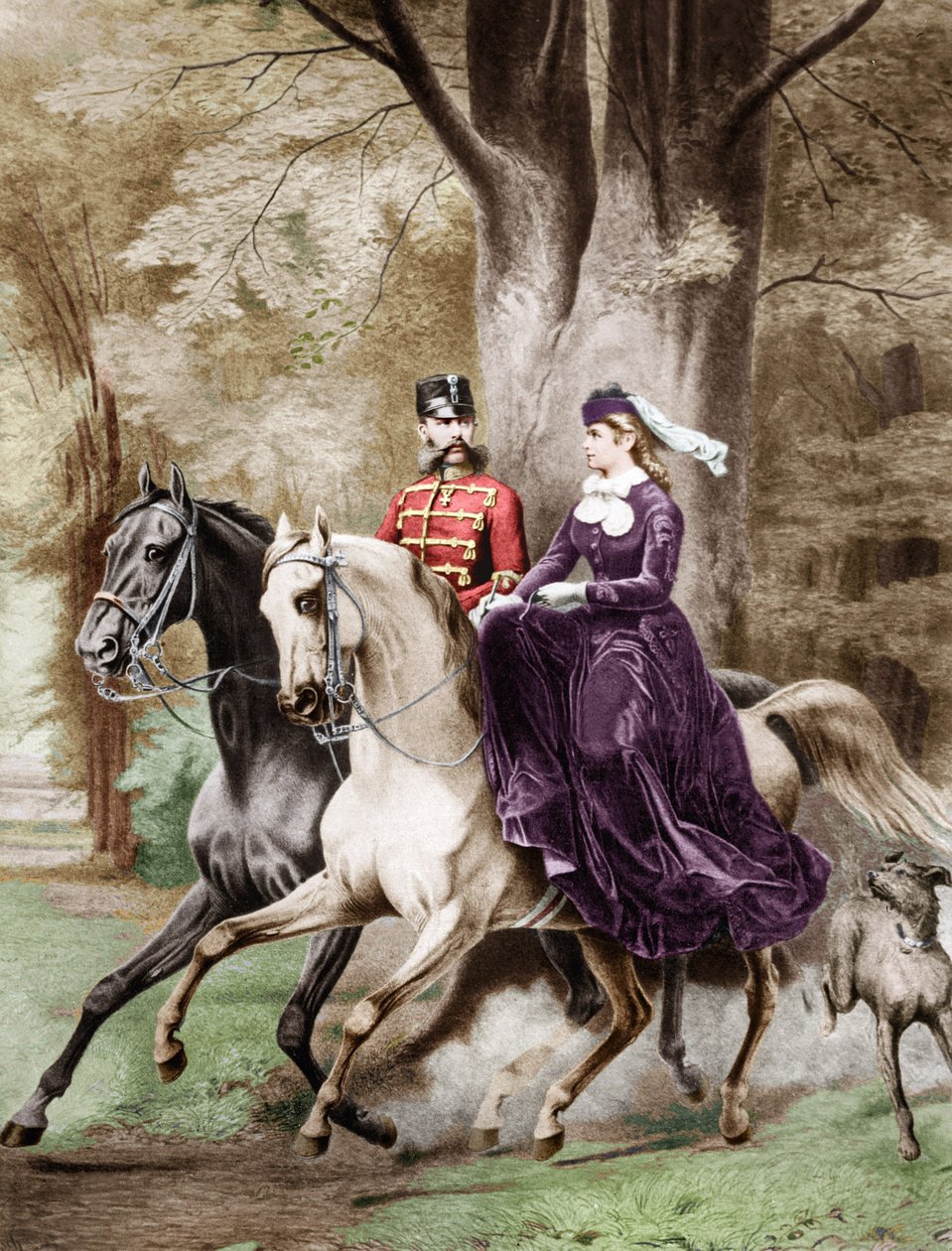 Kejser Franz Joseph den første og kejserinde Elisabeth af Østrig fra Wittelsbach (1837-1898) rider på heste (kobberstik) af French School