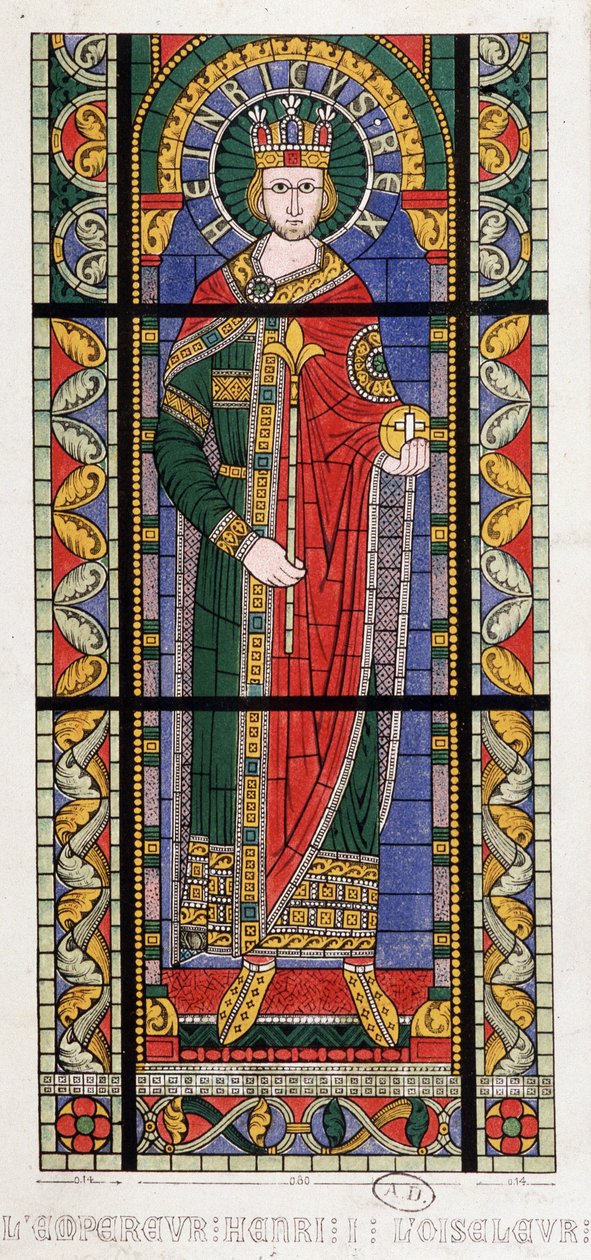 Kejser Henrik I Fuglen (875 - 936). Et farvet glasvindue fra Cathedrale de Strasbourg. af French School