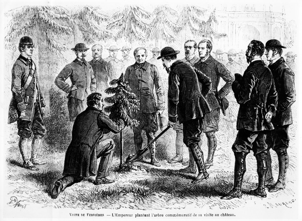 Kejser Napoleon III planter et træ ved Ferrières, hjemsted for baron James de Rothschild, for at mindes hans besøg, fra Le Monde Illustré, 2. november, 1862 af French School