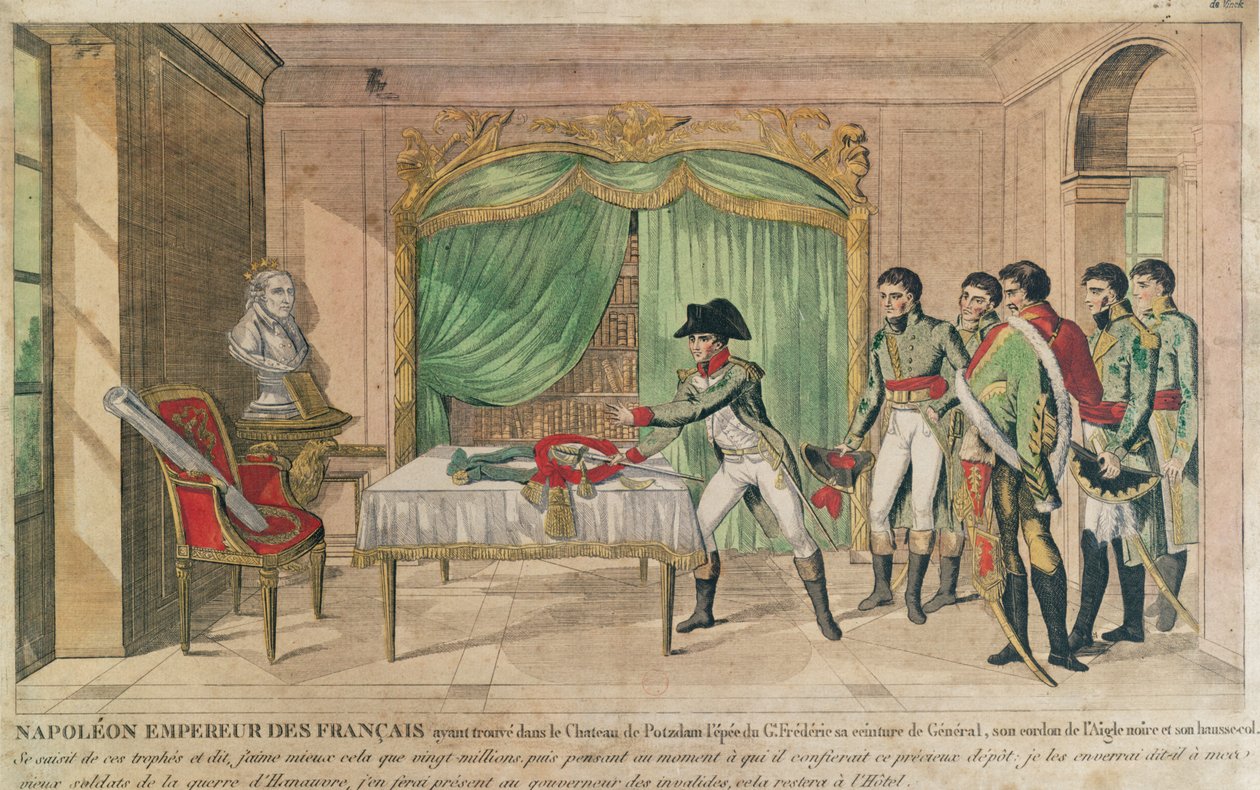 Kejser Napoleon I overvejer Frederik den Stores sværd i Potsdam i 1806 (farvestik) af French School