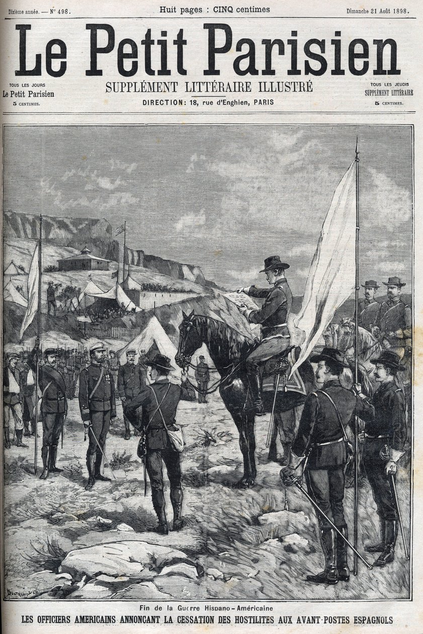 Afslutningen på den spansk-amerikanske krig (American Hispano) i 1898. Amerikanske officerer annoncerer ophør af fjendtligheder ved de spanske forposter. Indgravering i "" Le petit parisien"" fra 1898. af French School