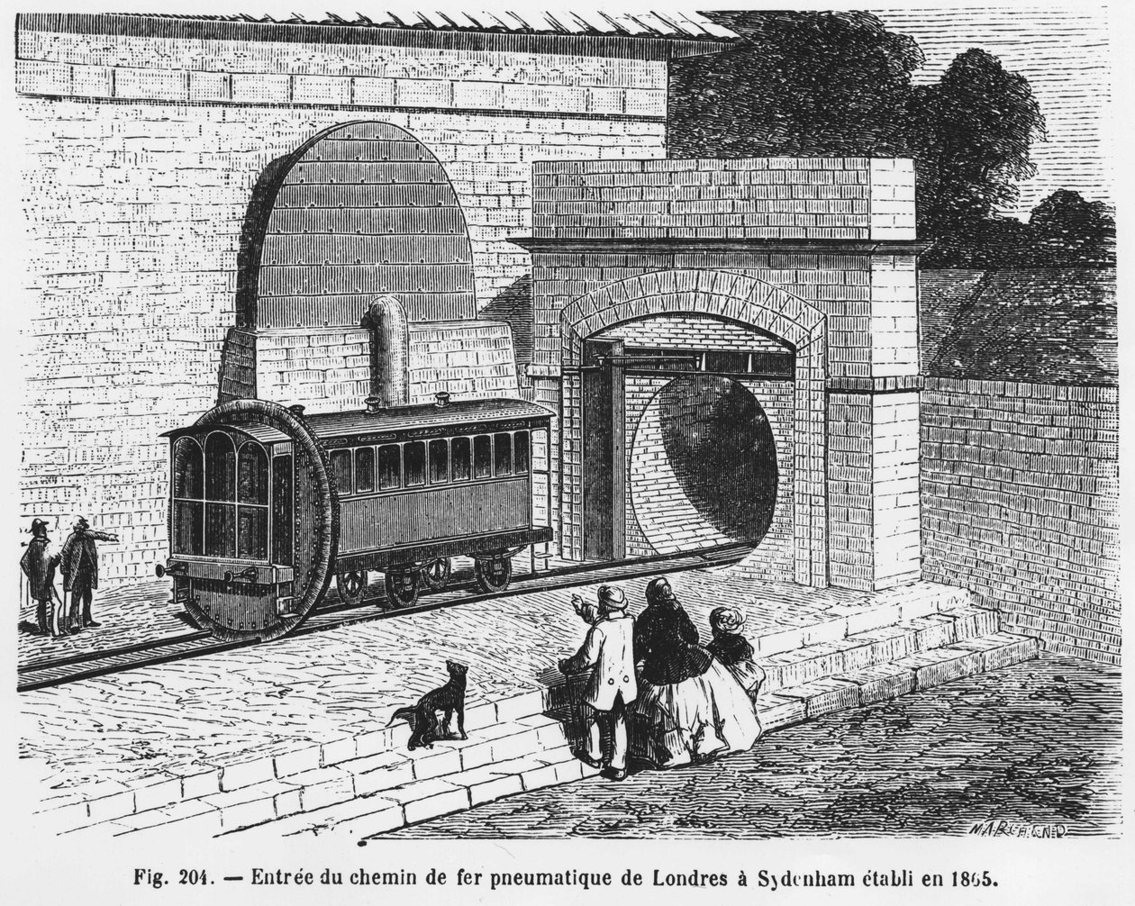 Indgang til den pneumatiske jernbane fra London til Sydenham, etableret i 1865 - i "The Wonders of Science", af L. Figuier. ¿ af French School