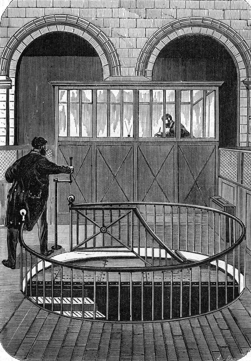 Indgang til tresor-kældrene i Banque de France i Paris i det 19. århundrede (Basement of the Bank of France i Paris) (gravering) af French School