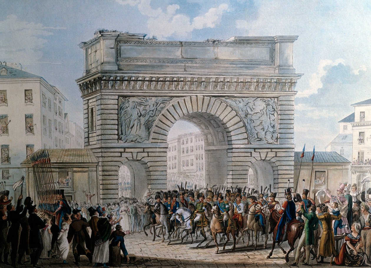 De allieredes indtog i Paris af Porte Saint Martin den 31/03/1814 kong Ludvig XVIII (1755-1824) parade. Tryk fra 1814. Paris, Musee Carnavalet af French School
