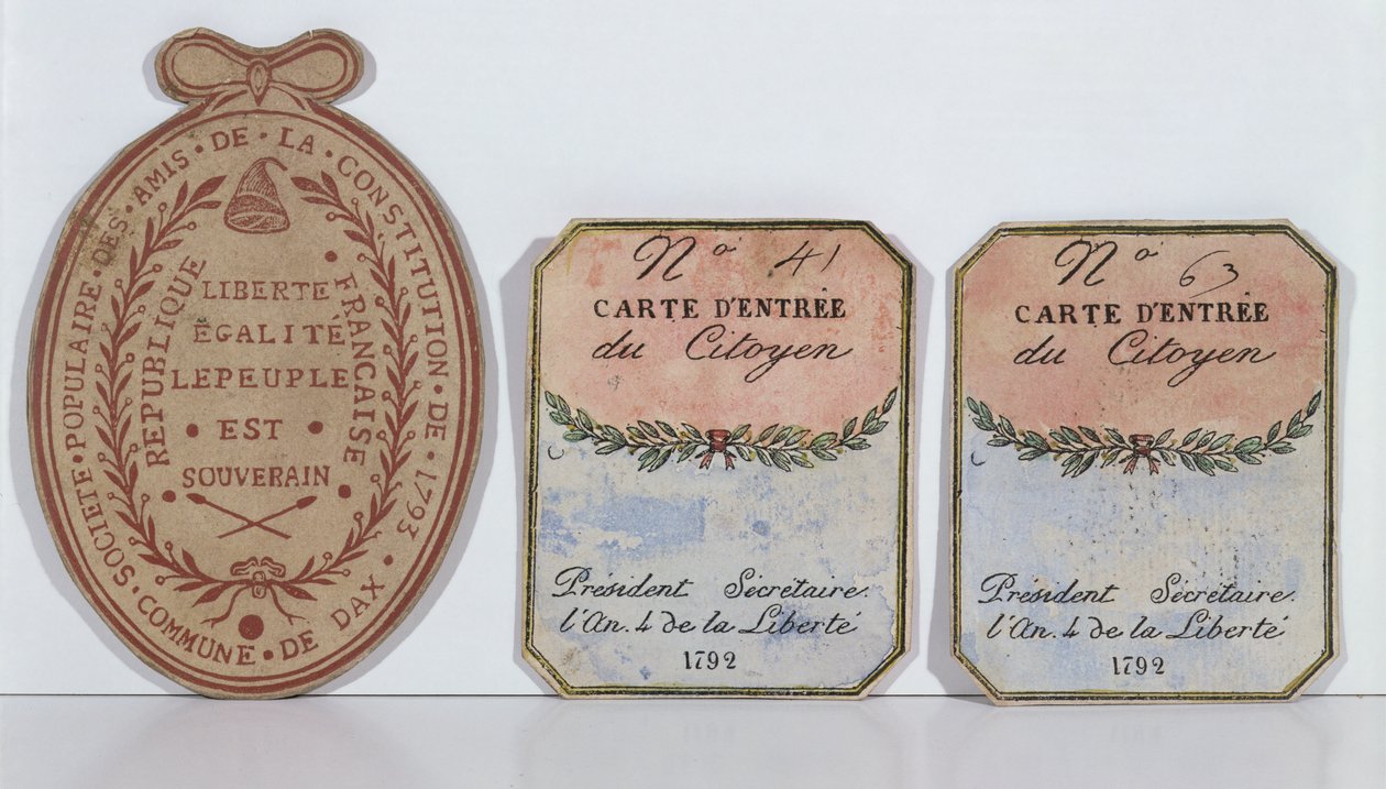 Adgangskort til Forfatningens Venners Selskab i Dax, 1792 og 1793 (trykt papir) af French School