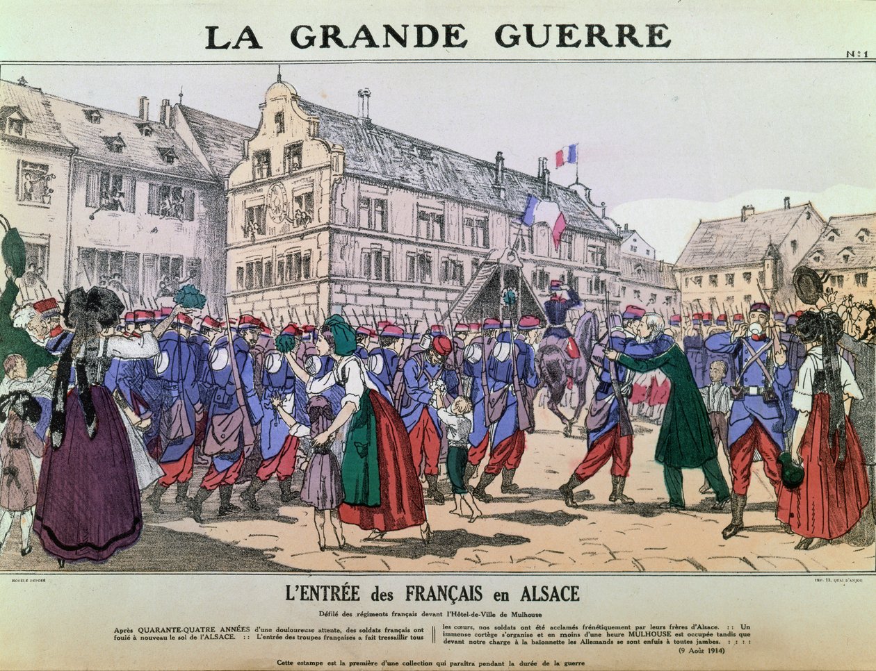 Den franske hærs indtog i Mulhouse, Alsace, 9. august 1914 (farve litho) af French School