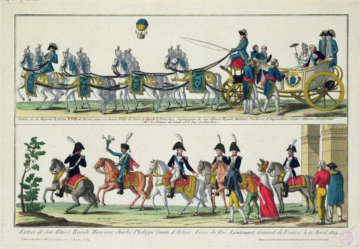 Indrejse til Paris af Charles, greve af Artois, 12. april 1814, og indrejse til Paris af Louis XVIII, konge af Frankrig og Navarra, 3. maj 1814 af French School