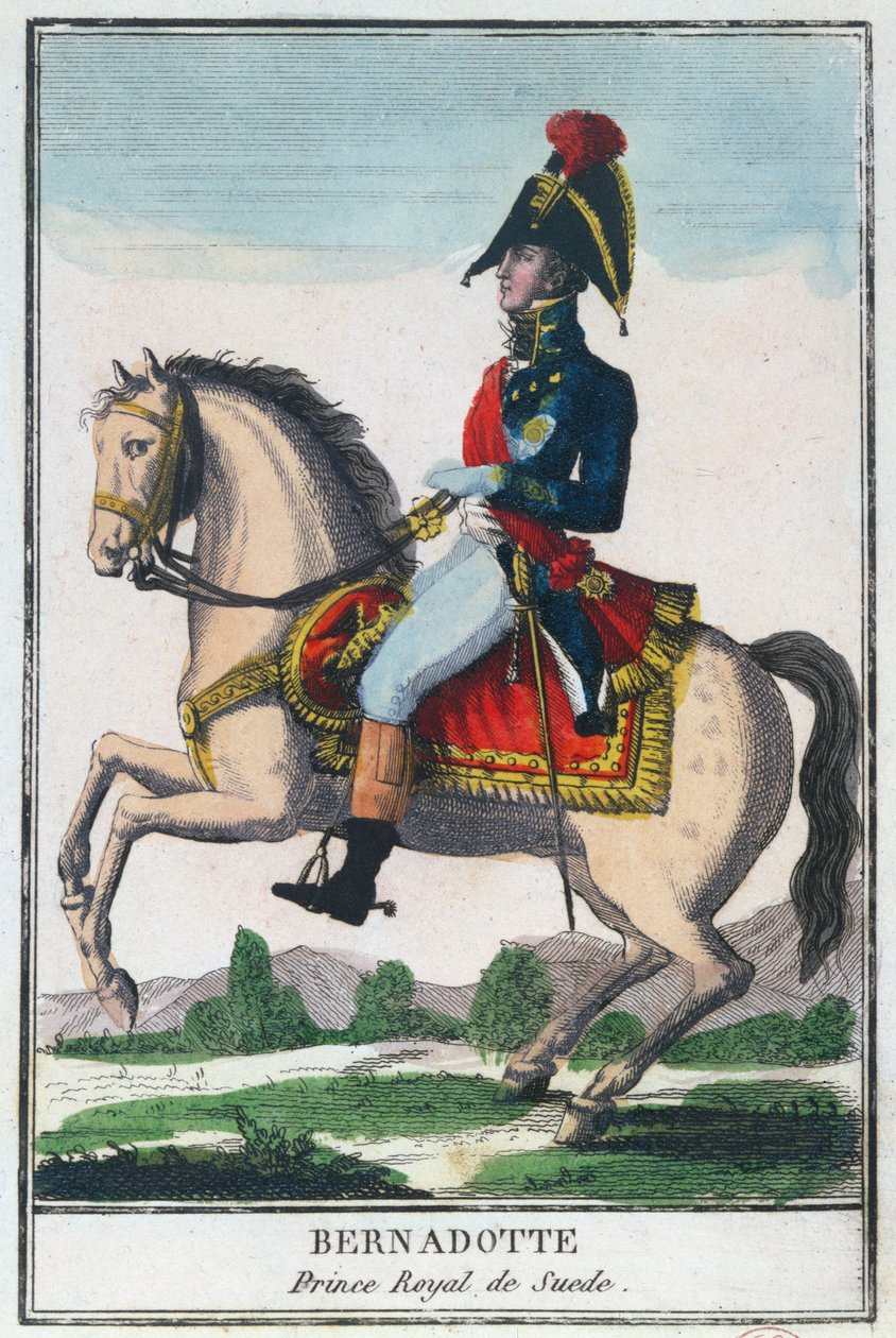 Rideportræt af Charles Jean Baptiste Bernadotte (1763-1844), begyndelsen af det 19. århundrede (farvestik) af French School