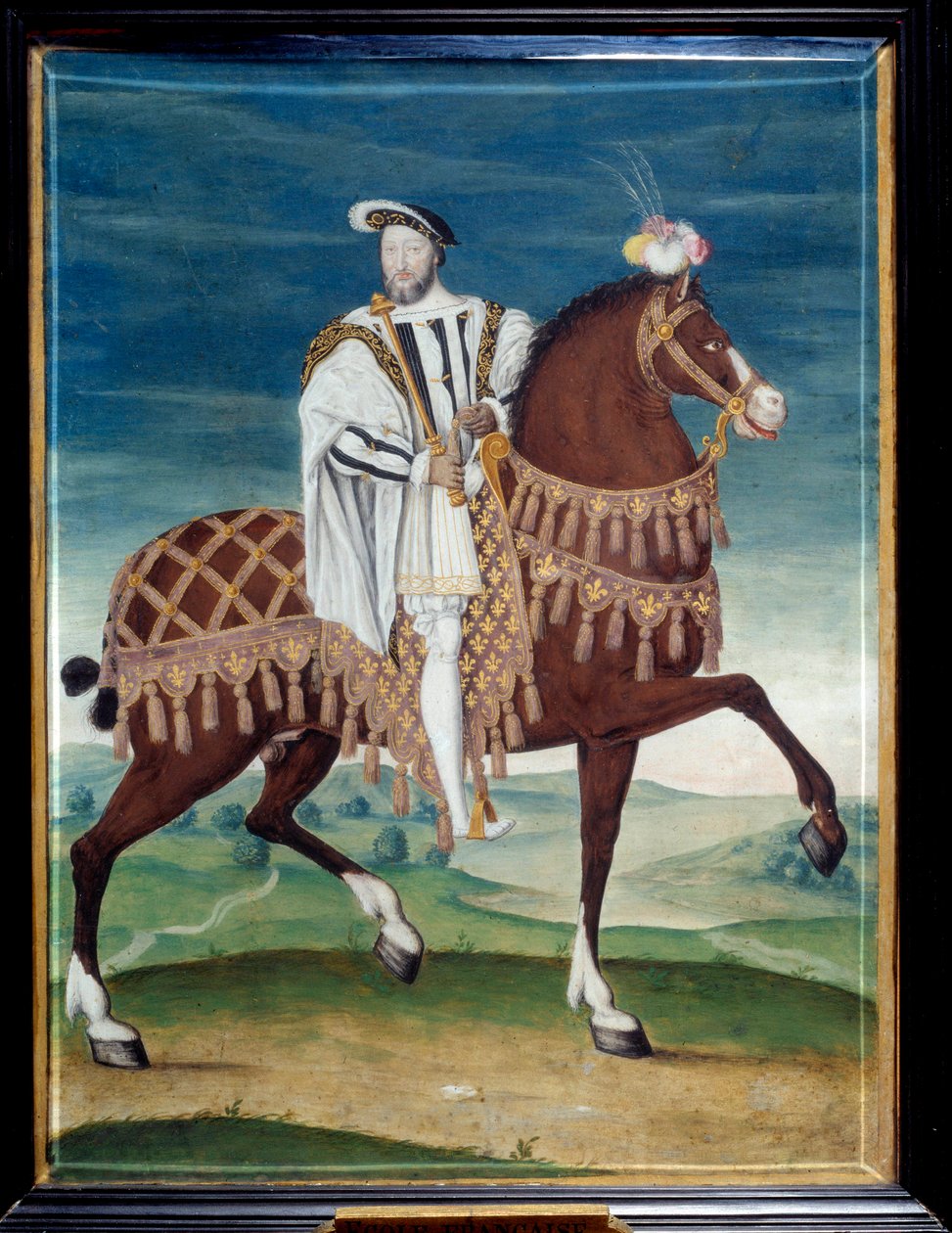 Rideportræt af Francois I (1494-1547), konge af Frankrig Anonymt maleri af den franske skole. 16. århundrede. Svag. 0,27x0,205 m. Musee Conde, Chantilly - Rytterportræt af Francois I (1494-1547), anonym konge af Frankrig. Maleri af franskmændene af French School