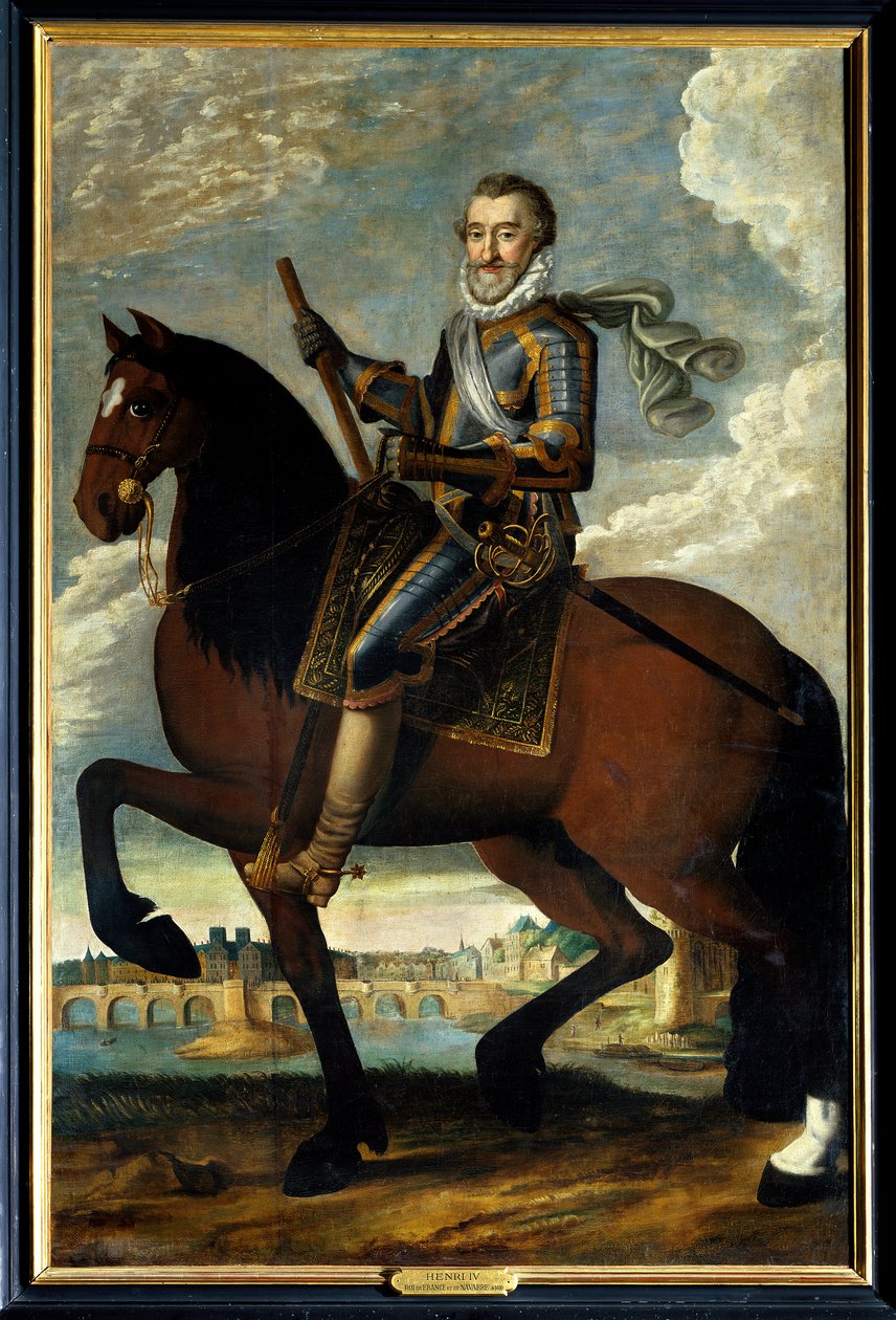 Rideportræt af Henrik IV (1553-1610) konge af Frankrig foran Pont Neuf i Paris. Anonymt maleri fra det 17. århundrede. Olie på lærred. Obligatorisk omtale: Sully sur Loire, Chateau de Sully af French School