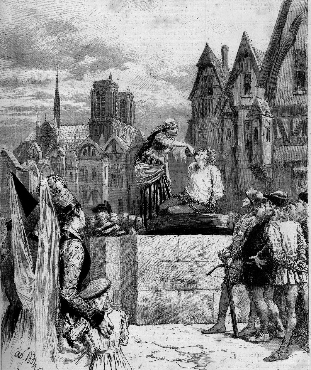 Esmeralda giver en drink i Quasimodo på Place de Greve. Illustration af "Notre Dame de Paris" af Victor Hugo (1802-1885). Stik fra 1879. af French School