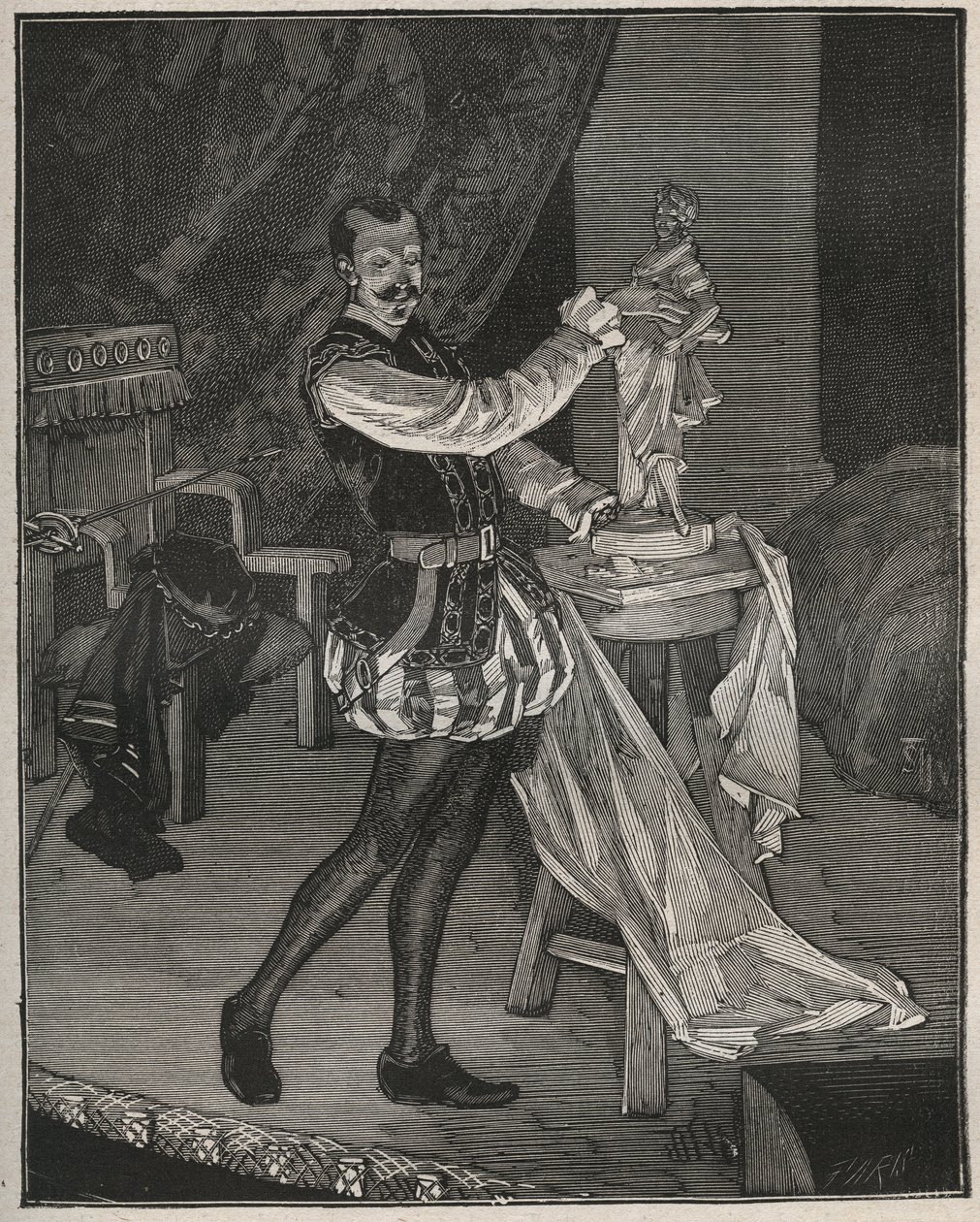 Etienne Marin Melingue (1808-1875), fransk skuespiller, der spiller billedhugger Benvenuto Cellini i Alexandre Dumas peres "Ascanio", tilpasset til scenen af Paul Meurice. Indgravering fra 1880 i "" Les arts et metiers illustres"" af Adolphe BITARD. af French School