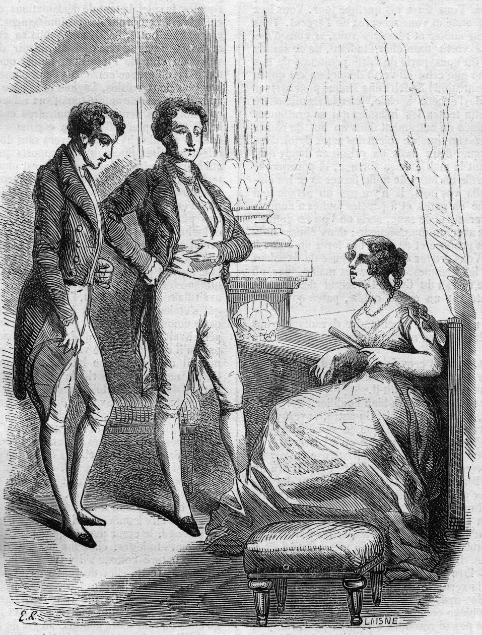 Eugene de Rastignac præsenteret for Madame de Nucingen af markisen af Adjuda. Gravering midten af 1800-tallet. Illustration til "The Father Goriot" af Honore de Balzac (1799-1850). af French School