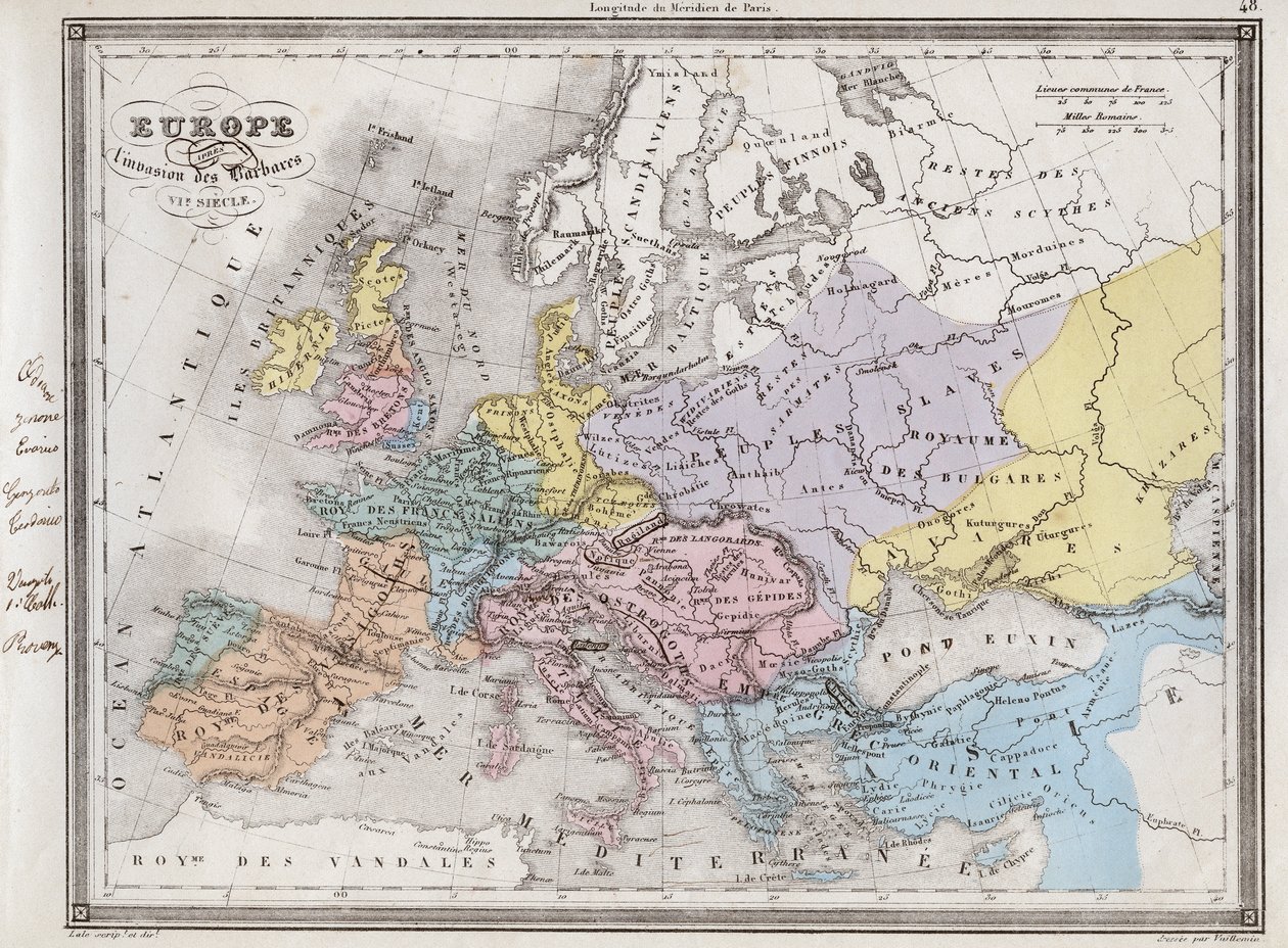 Europa efter invasionen af barbarerne i det 6. århundrede - Plade udtrukket fra "" Universal Atlas of Ancient and Modern Geography for the Use of Residential Schools"" af Vuillemin - omkring 1845 af French School