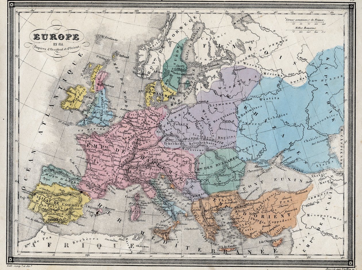 Europa i 814 - Empires of the West and the East - Plade udtrukket fra "" Universal Atlas of Ancient and Modern Geography for the Use of Residential Schools"" af Vuillemin - ca. 1845 af French School