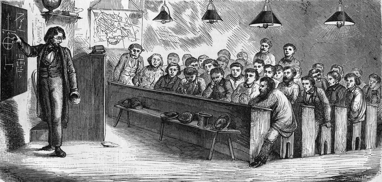 Aftenundervisning på en offentlig voksenskole i Paris i 1858. af French School