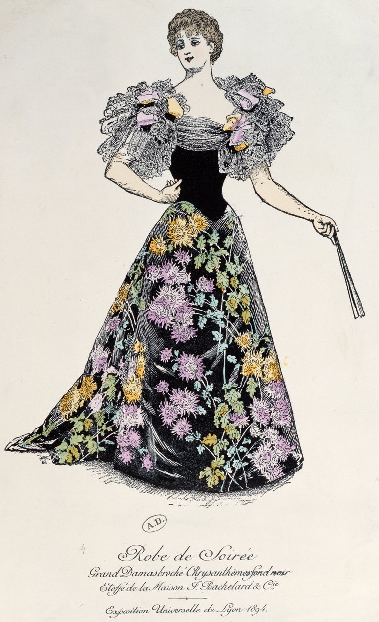 Aftenkjole i damask med krysantemumbrokade på sort baggrund, 1894 af French School