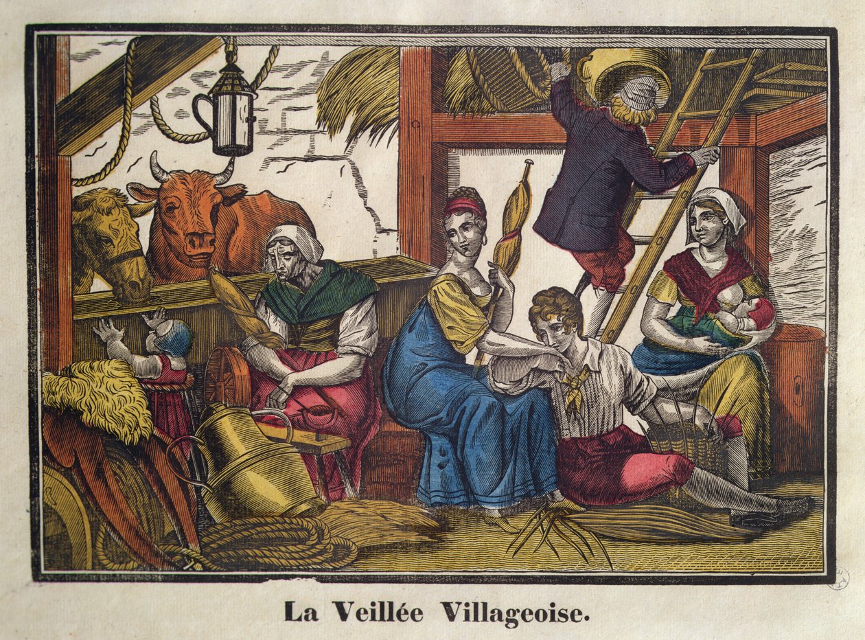 Aftenliv i landsbyen, begyndelsen af det 19. århundrede (farve litho) af French School