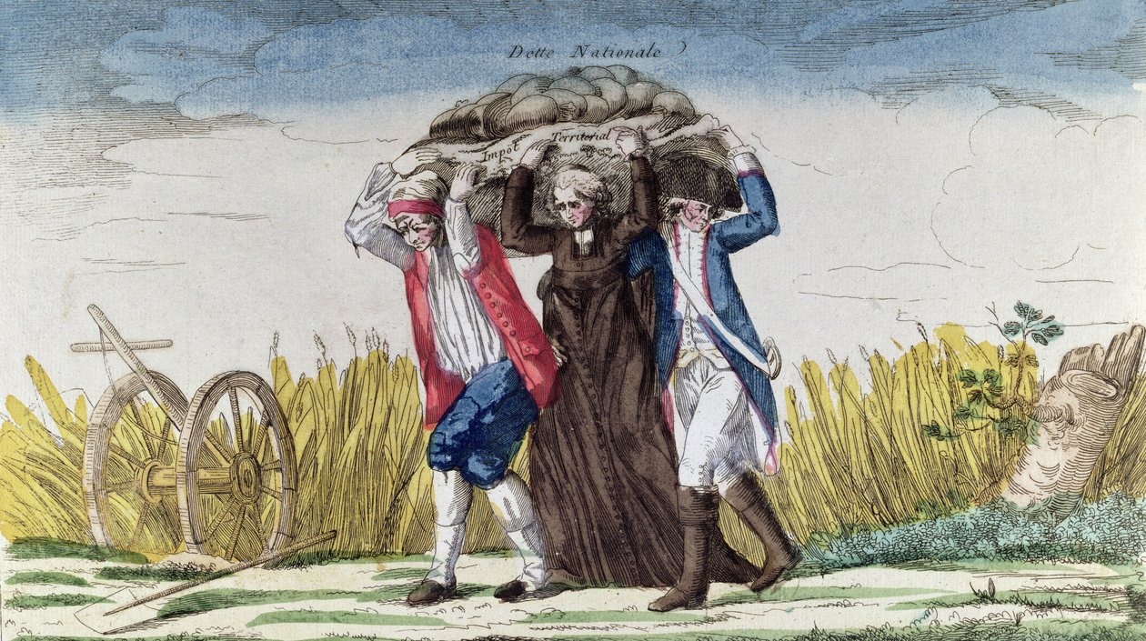 Alle bærer byrden af skatter og statsgæld, ca. 1789 (farvegravering) af French School